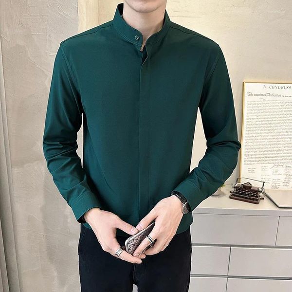 Camisas de vestido masculinas Outono Inverno Manga Longa Gola Inglaterra Estilo Smoking Sólido Básico Slim Fit Camisa Preto Branco Verde