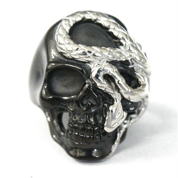 Anillo gótico de calavera de dos tonos, joyería de acero de titanio para hombre, anillo Punk de motorista con calavera de serpiente malvada, tamaño 7-14358e