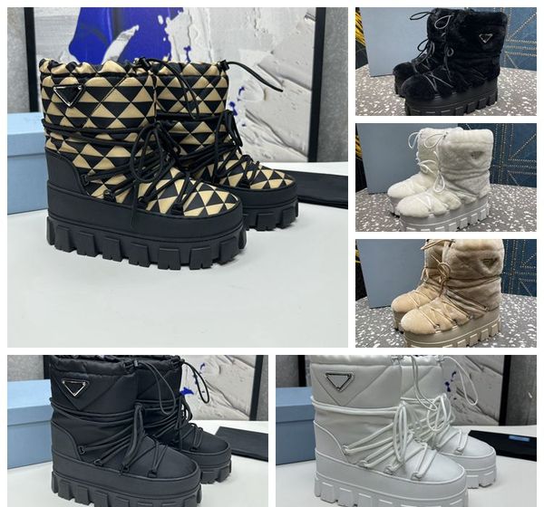 Botas de nylon gabardine apres ski Parte superior preta com cordão Forro de pêlo acolchoado removível Botas triangulares de metal esmaltado Botas de esqui de grife com sola de borracha