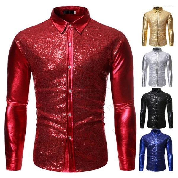 Erkekler Sıradan Gömlek Kırmızı Pullar Gece Kulübü Elbise Gömlek Tuxedo 2023 Parlak Glitter Erkekler İnce Fit Camisas Hombre Party Düğün