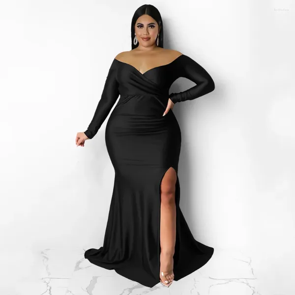 Plus Size Kleider Herbst Winter Frauen Schulterfrei Tiefer V-Ausschnitt High Side Split Maxikleid Sexy Nacht Abend Party Club Lang