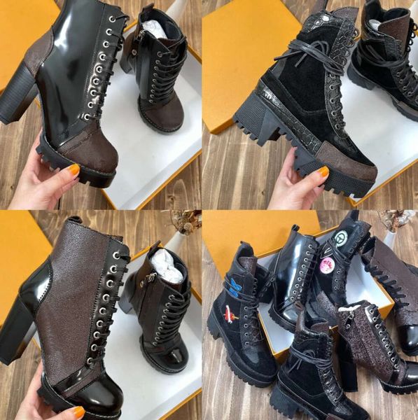 Designer-Damen-Laureate-Stiefel, Flamingos, Liebespfeil, Medaille, Martin-Stiefel, Winter, echtes Leder, grobe High-Heel-Schuhe, luxuriöse Desert-Booties mit klobigem Absatz und Box27