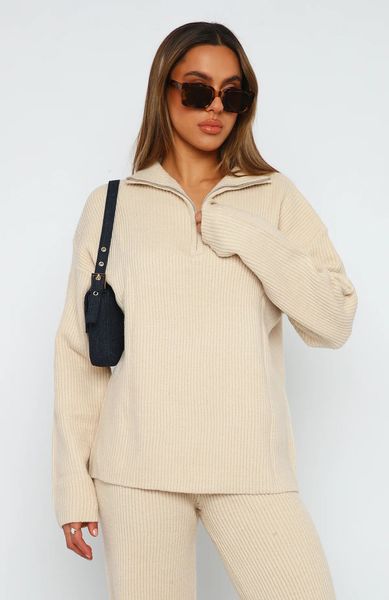 Женский комплект из 2 предметов, свитер, вязаный пуловер на молнии с длинными рукавами, топ, повседневные брюки, спортивный костюм, одинаковые комплекты для отдыха 2310182