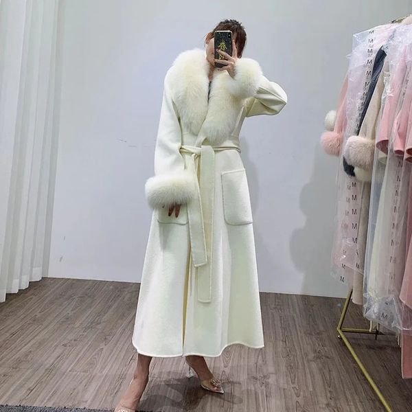 Mélanges de laine pour femmes 2023 longue mélangée femme veste d'hiver femmes naturel col de fourrure poignets manteau chaud chinois coréen vêtements de mode 231017