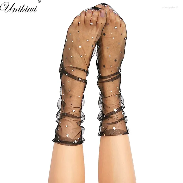 Damensocken 12 Farben.Damen Harajuku Bonbonfarben Glitzer Sterne Mondsocken.Lady Transparent Mesh Shiny Fishnet Strumpfwaren Sox