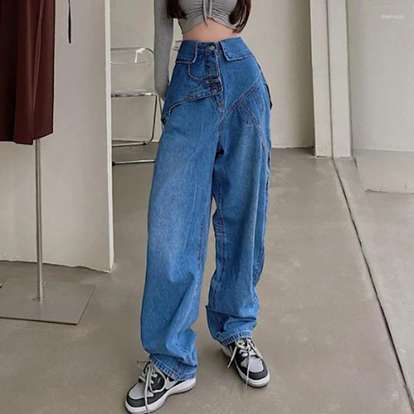 Jeans femininos vintage perna larga mulheres elegante cintura alta azul denim mãe baggy calças streetwear y2k comprimento total calças soltas femininas