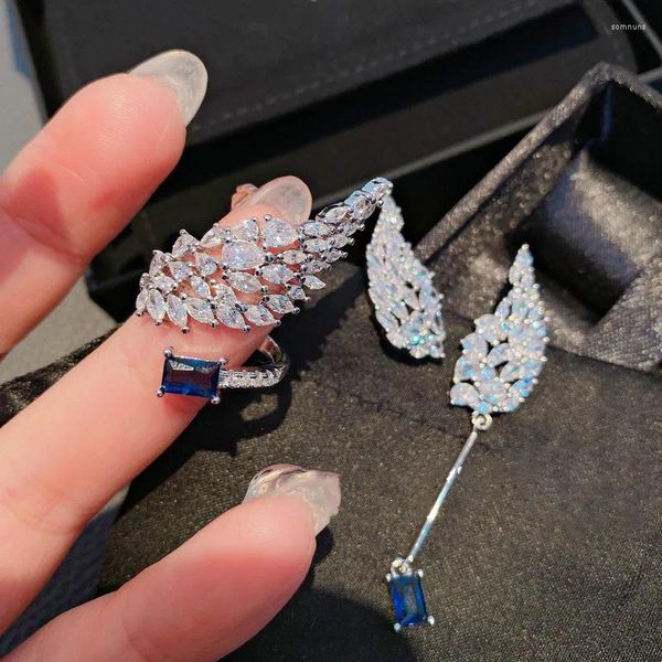Brincos pendurados originais cor prata azul zircão anel de pedra requintado ângulo asa conjunto de joias de casamento para mulheres meninas