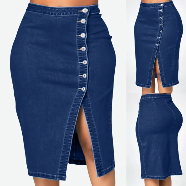 Röcke Frauen Lange Denim Rock Sommer 2023 Vintage Hohe Wasit Jeans Taste Weibliche Gerade A-linie Bleistift Feste Farbe