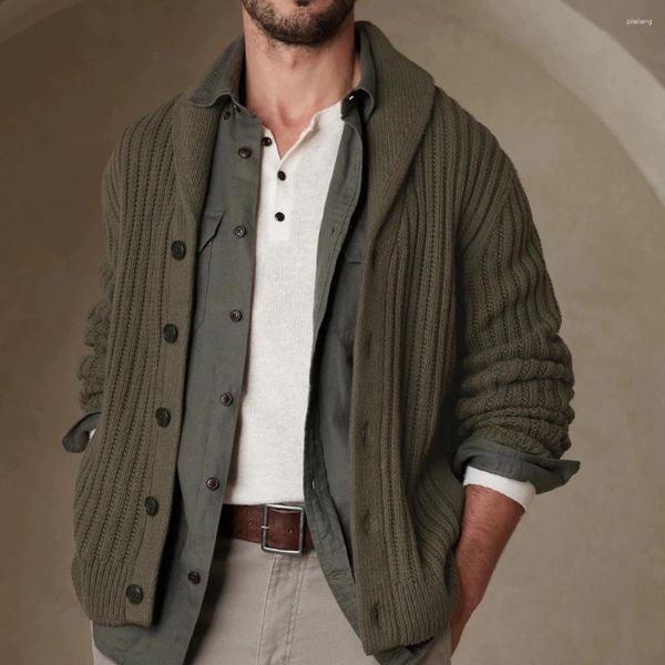 Giacche da uomo Maglione da uomo Autunno e inverno Verde militare Colletto polo Manica lunga Cappotto lavorato a maglia Cardigan maschile Top