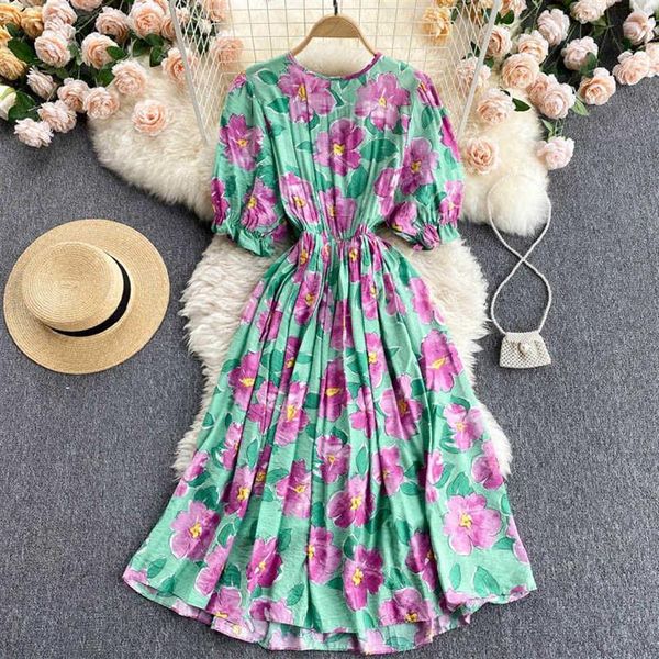 Frauen Schwarz Blau Grün Floral Gedruckt Midi Kleid Böhmischen Elegante Rundhals Kurze Puff Sleeve Urlaub Strand Vestidos Sommer Y0602866