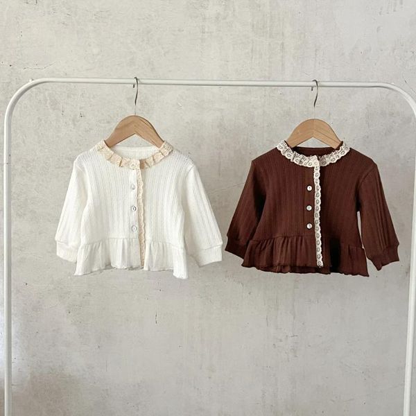 Giacche stile coreano autunno neonate camicie camicette beige marrone pizzo scava fuori bordo abiti a pieghe cardigan per bambini cappotti