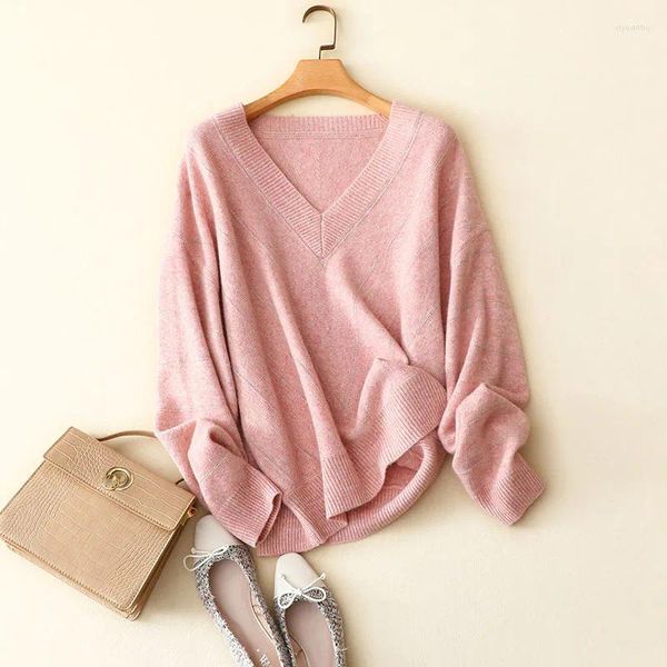 Suéteres femininos Cashmere Sweater Mulheres Moda V Neck Rosa Manga Longa Malha Solta Senhoras Elegante Aconchegante Inverno Malhas