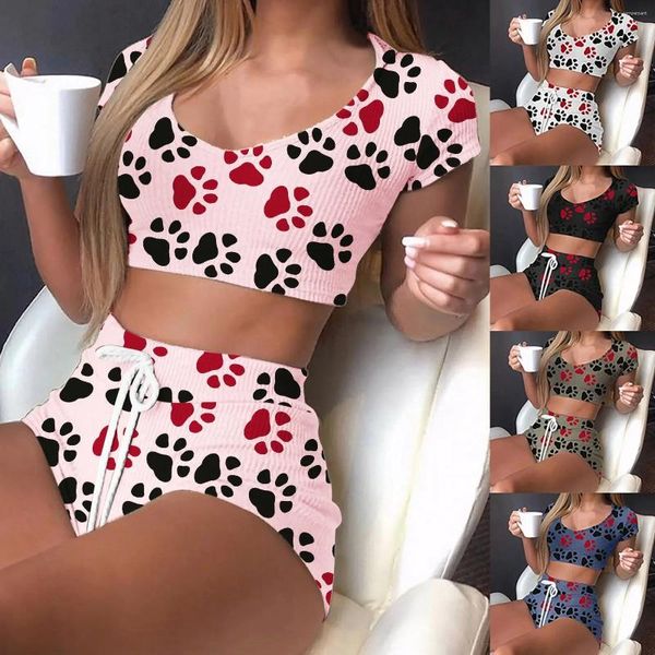 Damen Nachtwäsche 2023 Sexy Frauen Enge Pyjama Set Dessous Blumendruck Kurzarm Tops Shorts Pijama Nachthemd Home Kleidung