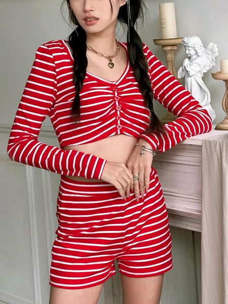 Pigiama da donna Wsevypo Set pigiama natalizio in due pezzi per donna Autunno Inverno Pigiama a righe Camicia a maniche lunghe Crop Top e pantaloncini