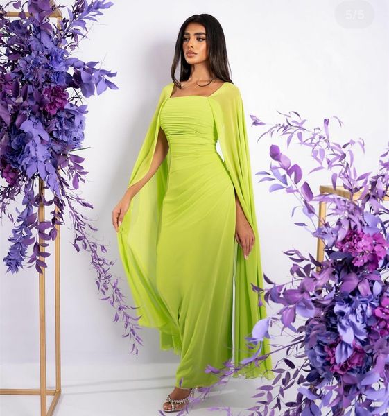 Elegante lange grüne muslimische Chiffon-Abendkleider mit Umhang, A-Linie, plissiertes Ballkleid mit quadratischem Ausschnitt, knöchellanges Partykleid für Frauen