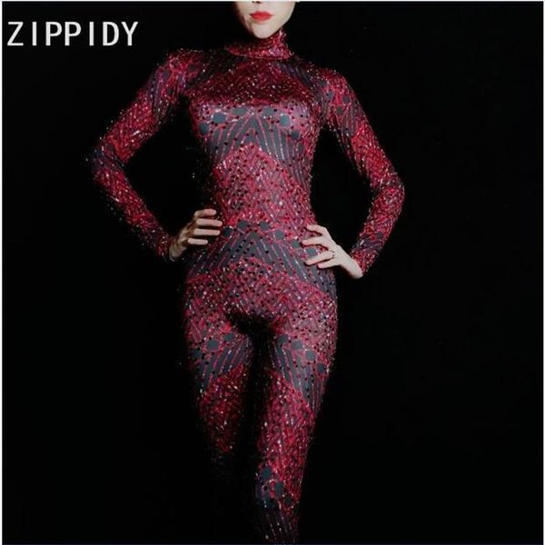 Frauen-Overall-Spielanzug-voller roter Rhinestone-Spandex-Bling-Overall-Geburtstags-Party-Feier-Outfit-Bar-Sängerin Bod267B