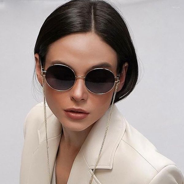 Sonnenbrille Trendy Retro Runde Frauen Mit Kette 2023 Marke Designer Mode Oval Sonnenbrille Weibliche Shades Vintage Punk Brillen