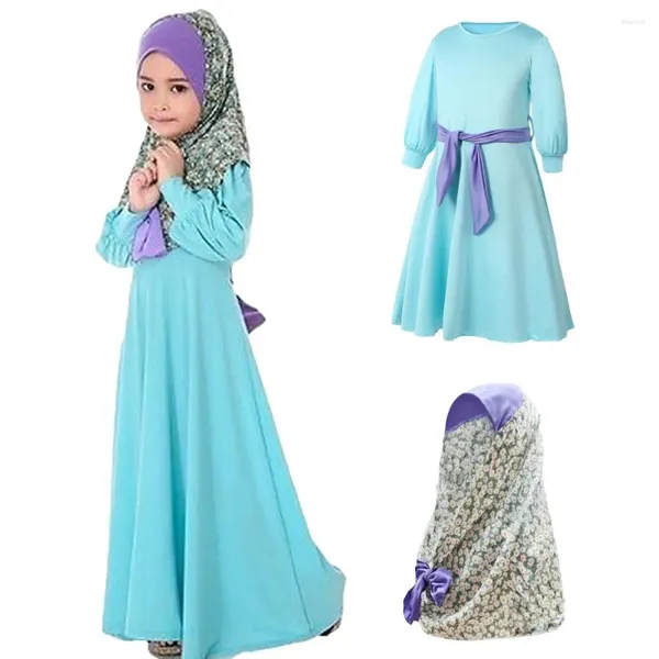 Abbigliamento etnico 2 pezzi Abaya bambini ragazze abiti musulmani vestito fazzoletto arabo islamico vestiti di preghiera carino caftano abiti hijab vacanze maxi