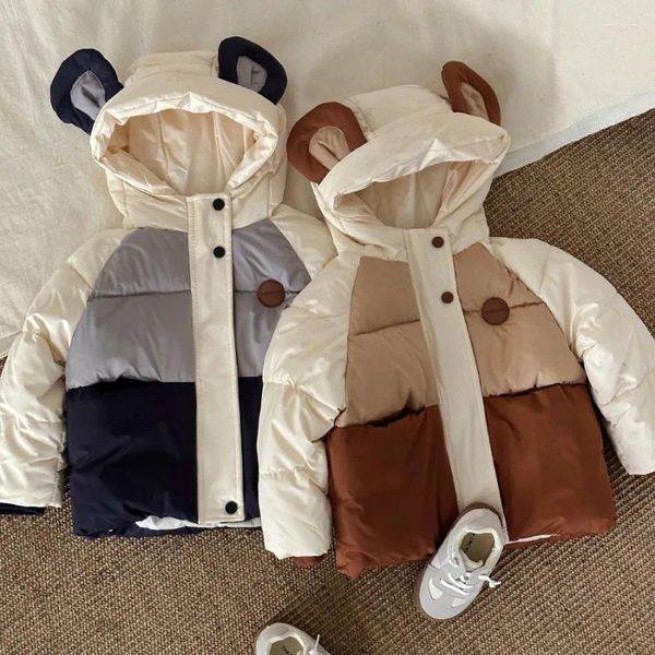 Пуховое пальто, коллекция 2023 года, зимняя одежда, детская одежда с хлопковой подкладкой, толстая ветровка с капюшоном для мальчиков и девочек, теплые куртки с мультяшными героями