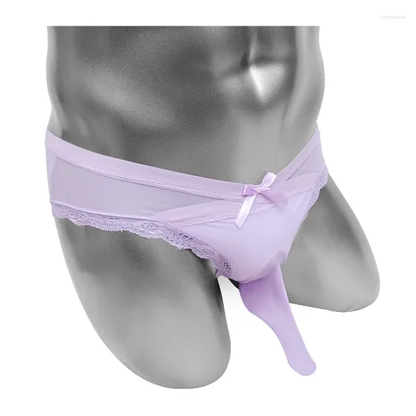 Mutande velate sottili da uomo guaina per pene slip intimo sexy mutandine Sissy Lingerie vedere attraverso bikini a vita bassa in pizzo Bowknot