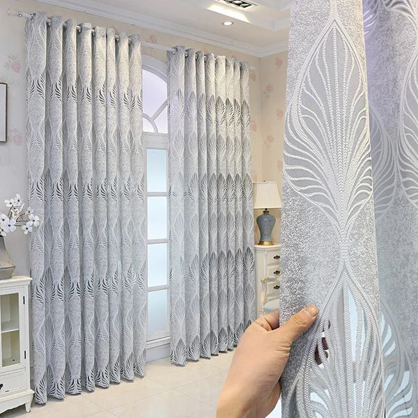 Cortina de luxo cinza floral cortinas transparentes para sala estar jacquard oco folha geométrica voile villa pátio janela francesa cortinas tenda 231018