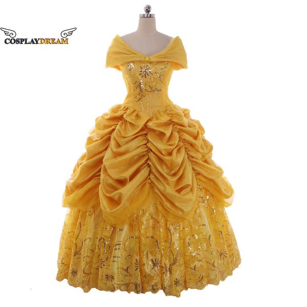 Cosplay cosplay princesa vestido dourado vestido de baile amarelo vestido belle feito sob medida para mulheres adultas anime beleza cosplay vestido amarelo plus sizecosplay