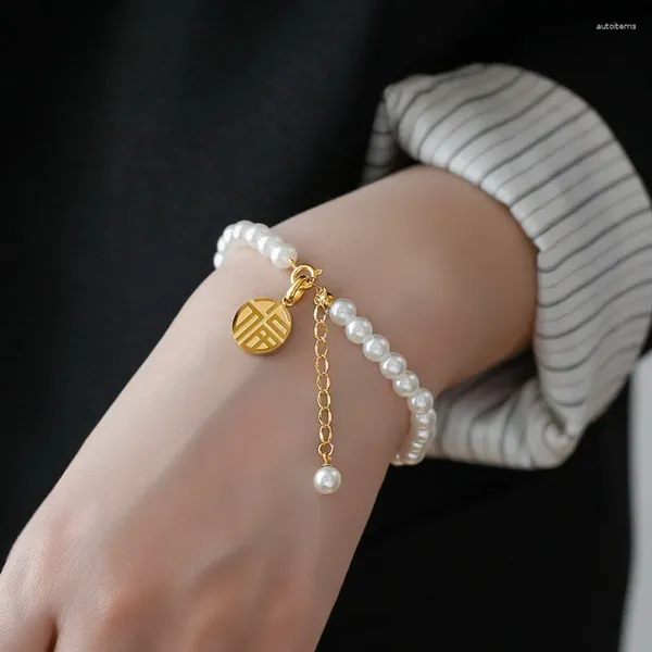 Charme pulseiras moda aço inoxidável corrente corda pérola pulseira china fu personagem redondo marca pingente mão jóias atacado