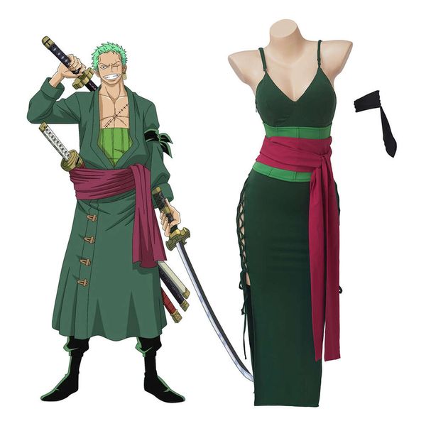 Roronoa zoro cosplay traje anime wano country zoro outfit sexy vestido de tiras verde para feminino halloween carnaval festa roupas cosplay