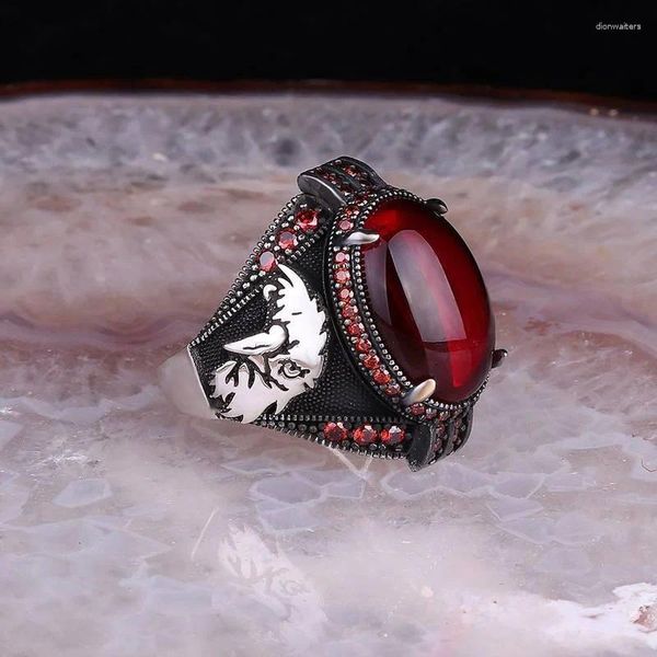 Обручальные кольца, винтажное турецкое кольцо ручной работы с печаткой для мужчин и женщин, серебряного цвета с резным орлом, черным цирконом, инкрустацией, в стиле панк, мотоциклист