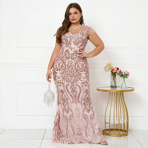 Plus size vestidos plus size feminino rosa lantejoulas vestido de noite elegante decote em v miçangas festa maxi vestido longo vestido de baile 231017