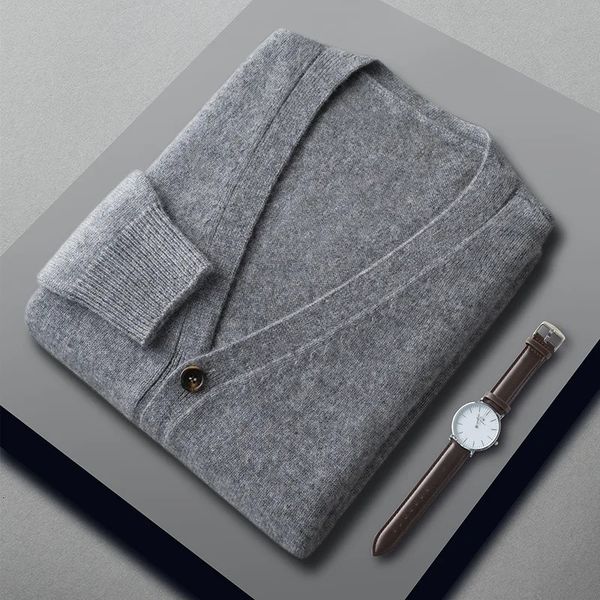 Мужские куртки, кашемировый кардиган из смеси хлопка, свитер, осень-зима, однобортный с v-образным вырезом, деловые повседневные вязаные кардиганы 231017