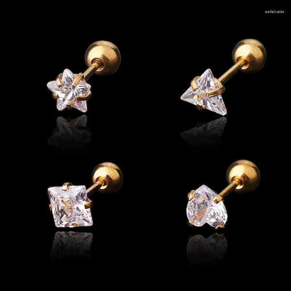 Brincos de parafuso prisioneiro 1 pc zircon aço inoxidável orelha osso fino haste parafuso bola cristal jóias acessórios estrela coração triângulo gem