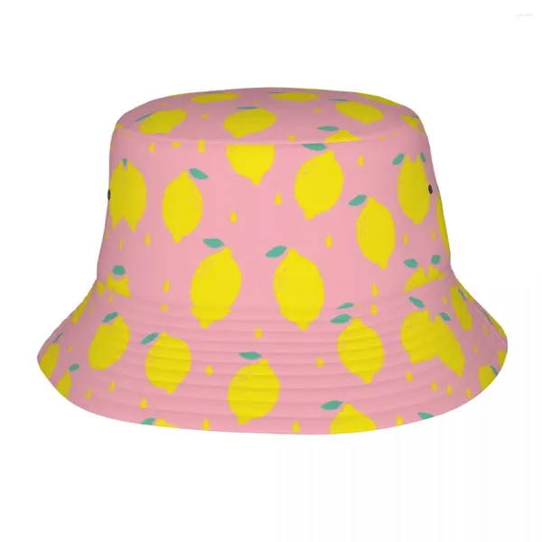 Berets doce limão padrão balde chapéu homens mulheres unisex moda frutas cítricas verão pescador boné