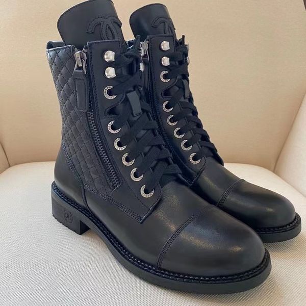 Kapitone Bot Lüks Tasarımcı Botlar Gerçek Deri İnek High End Üst Seviye Kalite Dantel Yukarı Günlük Dağcılık Ayakkabıları Fermuar Açılış Black Ladies Knight Boot