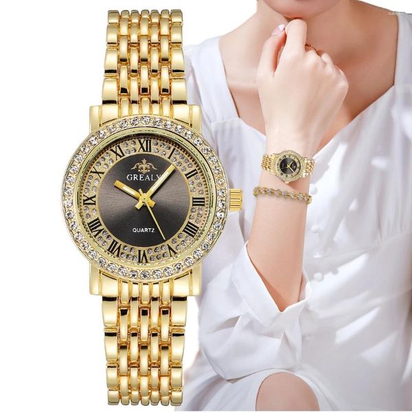 Armbanduhren Luxus Damenuhr Mode Rom Diamant Set Uhren für Frauen Quarz Casual Gold Edelstahl Armband Uhr