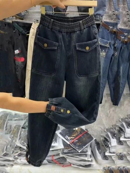 Jeans femininos veludo engrossar quente para mulheres outono inverno cintura alta magro ajuste leggings lavado velho pai elástico harem calças