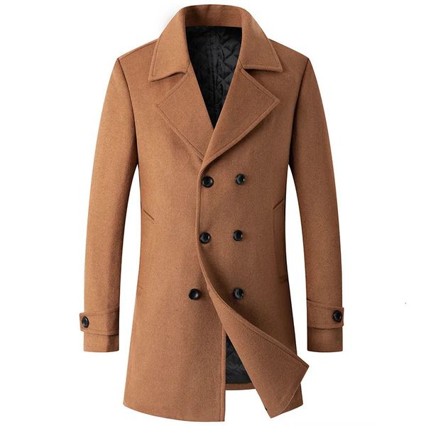 Misto lana da uomo Trench misto classico Autunno Inverno Cammello Doppio petto Risvolto Moda Casual Spessore caldo Giacche antivento 231017