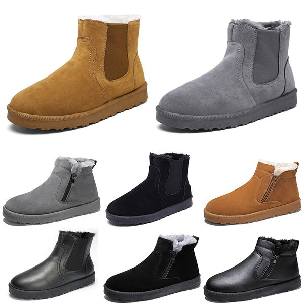 Botas de algodão sem marca, sapatos masculinos de cano médio, marrom, preto, cinza, couro, tendência da moda, cor externa 3, inverno quente