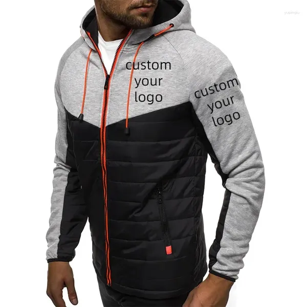 Jaquetas masculinas personalizadas seu logotipo retalhos zíper casual manga comprida casacos com capuz para masculino 2023 fino diy impressão casaco roupas