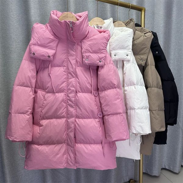 Mulheres para baixo Parkas inverno mulheres branco ganso casaco coreano fahion comprimento médio amor botão puffer jaqueta grossa quente com capuz neve outwear 231018