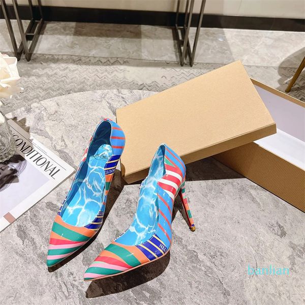 Deri Yüksek Topuklu Desen Çok renkli moda pompaları sivri uçlu kadın tasarımcısı akşam parti ayakkabıları fabrika ayakkabıları