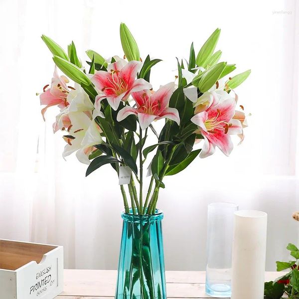 Dekorative Blumen, Simulationsblume, 3 Köpfe, Gefühl, Lilie, gefälschte Hochzeit, Heimdekoration, Blumentopf