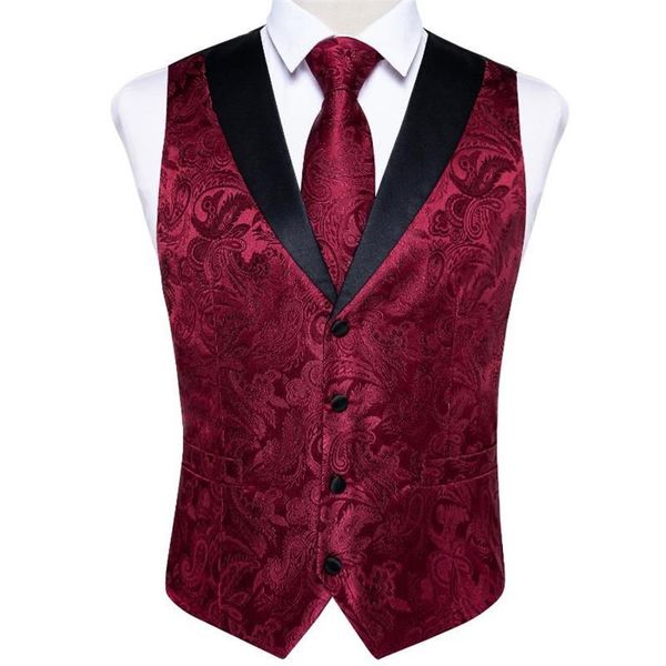 Männer Westen Herren Anzug Weste Krawatte Set Rote Seide Bussiness Hochzeit Party Kleid Krawatte Taschentuch Manschettenknöpfe Homme Casual Sleevess234c