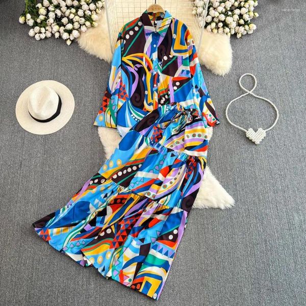 İş Elbiseleri Moda Zarif Çiçek Etekleri Kadınlar Yaz Vintage Gömlek Üstleri A-Line Maxi Saya İki Parçalı Set Kadın Plaj Kıyafetleri