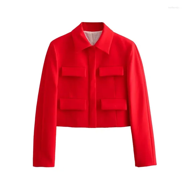 Женские костюмы 2023, женский короткий костюм с флип-украшением, осенне-зимний уличный модный красный теплый пальто с длинными рукавами