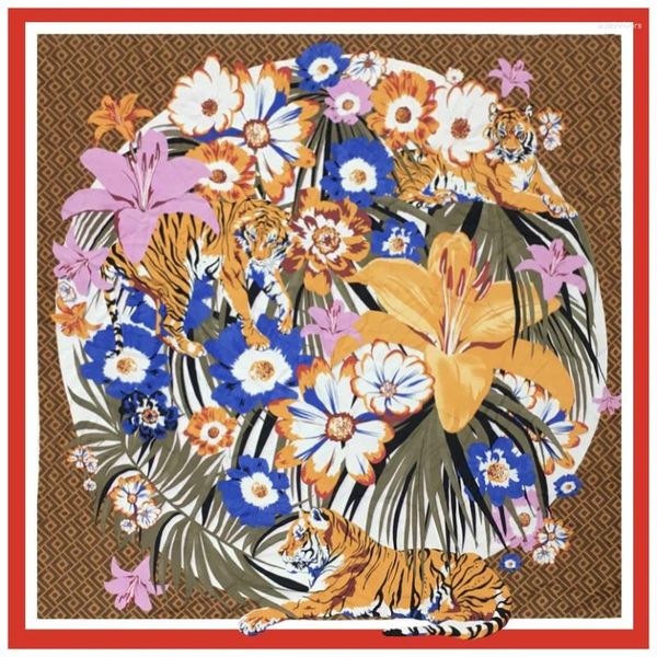 Lenços 2023 lenço de seda mulheres grandes xales floral tigre impressão quadrado bandana luxo muçulmano hijab envolve feminino foulards 130cm