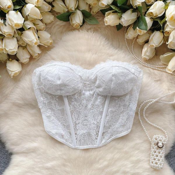 Canotte da donna Bellezza francese Bianco Chic Reggiseno senza spalline Canotta Top Sexy Maglia di pizzo Corto Puro piccante Ragazza Corsetto senza maniche Bustier