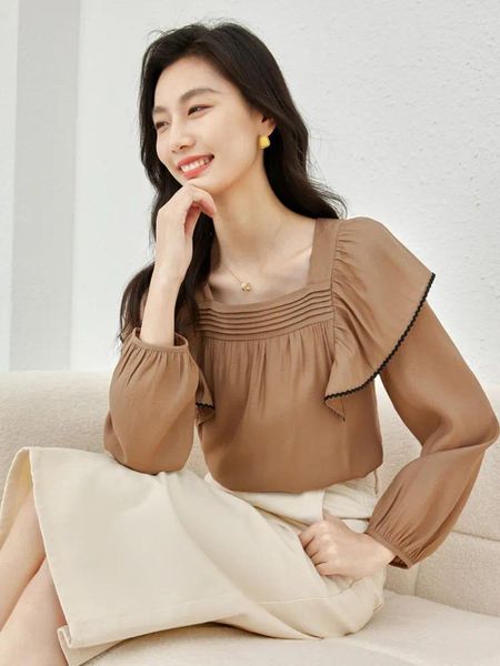 Damenblusen VIMLY Quadratischer Kragen Chiffon für Frauen 2023 Herbst Lange Puffärmel Gerade geschnittene Rüschen Elegante Hemden 72123