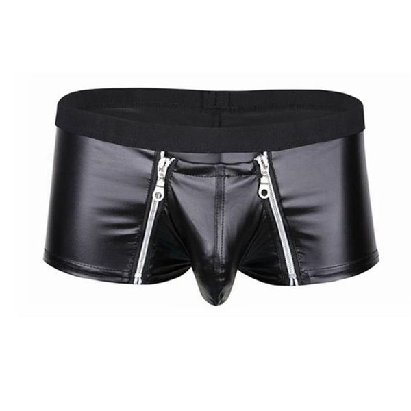 Underpants Mens Lingerie Faux Leather Underwear Bulge Bolsa com fecho de zíper duplo Boxer Briefs Low Rise Sexy Masculino Panties253U