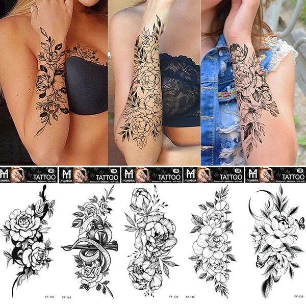 5 peças tatuagens temporárias flor sexy para mulheres arte corporal pintura braço pernas adesivo rosa falsa moda à prova d'água 231018